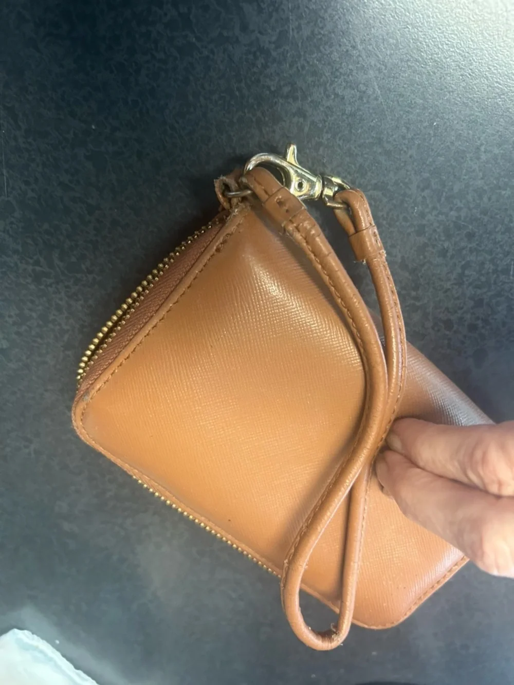 Tory Burch Cognac Leather Wristlet with Gold Logo